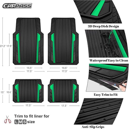 CAR PASS Heavy Duty Rubber Car Mats Metallic,Aluminum Film All Weather Floor Mats Waterproof Universal Trim to Fit SUVs Sedans Vans 4 Piece Anodized Deep Dish Two-Tone Sporty Black Green Chrome - Image 4