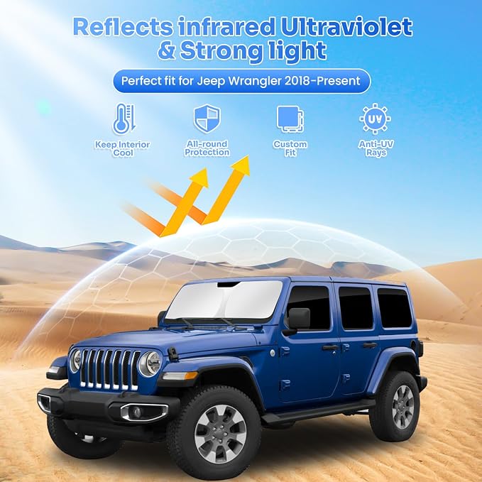Canvcle Window Shades for 2018-2025 2026 Jeep Wrangler Accessories Windshield Sun Shade Side Rear Window Cover Sunshade Sun Visor Shield Privacy Protection for Camping Keep Vehicle Cool Black 8PCS - Image 2