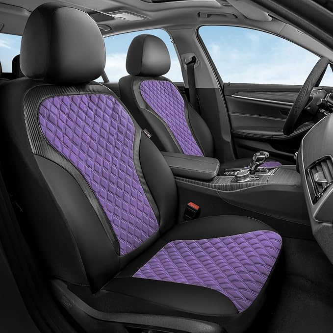 Coverado Front Seat Covers, Luxury Diamond Leather Car Seat Cover with Carbon Fiber Weave, Waterproof Car Seat Cover Driver Seat Cover Spill-Proof Design Universal Fit for Most Cars, BlackPurple by COVERADOAUTO