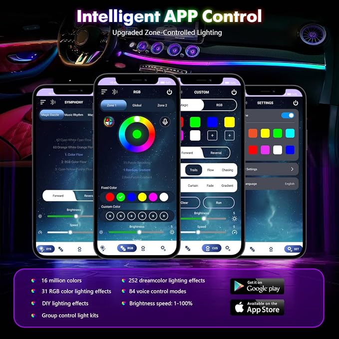 Dreamcolor Acrylic Interior Car Lights 6 in 1 RGB LED Strip Lights with APP Control 252 Color Modes DIY Fiber Optic Ambient Lighting Kits Music Car Neon Light Kits New Version - Image 5