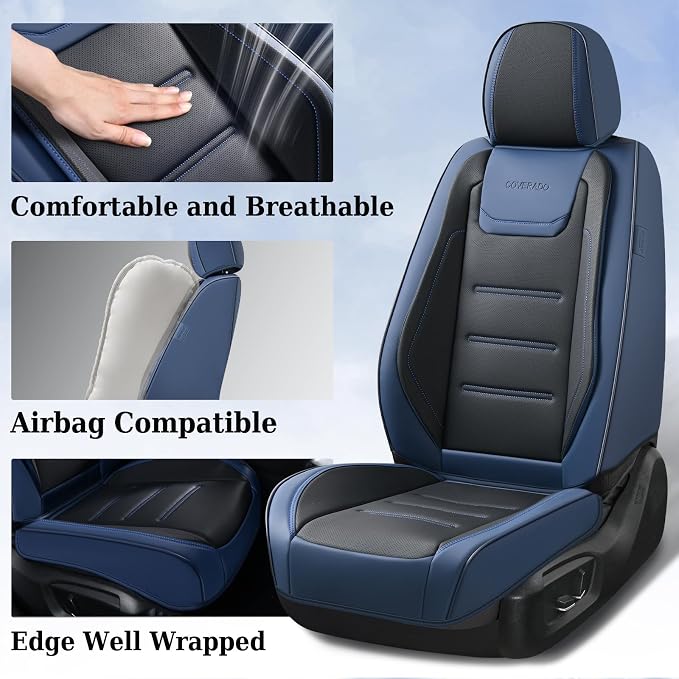 Coverado Car Seat Covers, Front Covers for Cars, Car Seat Cover Front Seats, Car Seat Protector Waterproof, Leather Car Seat Cushion, Universal Interior Covers Seat Protectors for Most Cars Blue - Image 3