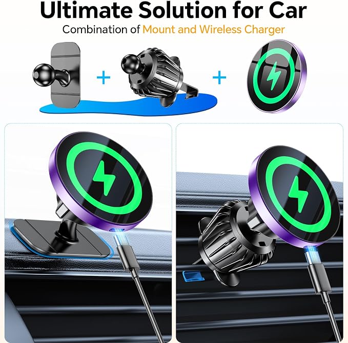 Coolpow Magsafe Car Mount Charger, Magnetic Wireless Car Charger for iPhone | Magsafe Car Charger Magnetic Phone Holders for Your Car Accessories Car Phone Holder Mount for iPhone 17 16 15 (Purple) - Image 2