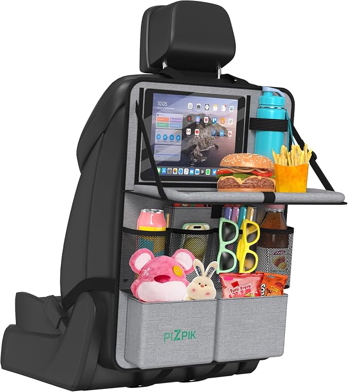 Car Backseat Organizer with Tablet Holder,11 Storage Pockets with Foldable Food Tray, Protector Kick Mats for Kids, Travel Accessories Organizer (Gray, 1Pack) by Plzpik
