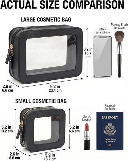 2Pcs Clear Window Travel Cosmetic Bag Set,Waterproof PU Portable Sunscreen Storage Pouch,Square Makeup Organizer Case,Summer Beach Vacation Toiletry Bag for Skincare(2Pack-Standard & Square, Black) - Image 7