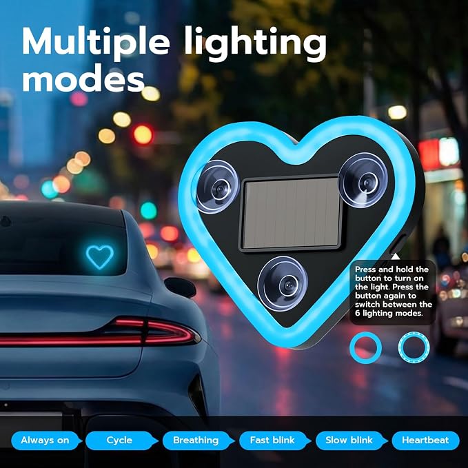 Mcbazel Car LED Ambient Light, Rechargeable Solar-Powered Heart-Shaped LED Light, 6 Lighting Modes, Romantic Car, Outdoor Decor, Ideal Gift for Couples, Women, Men - Ice Blue (1 Pcs) - Image 6