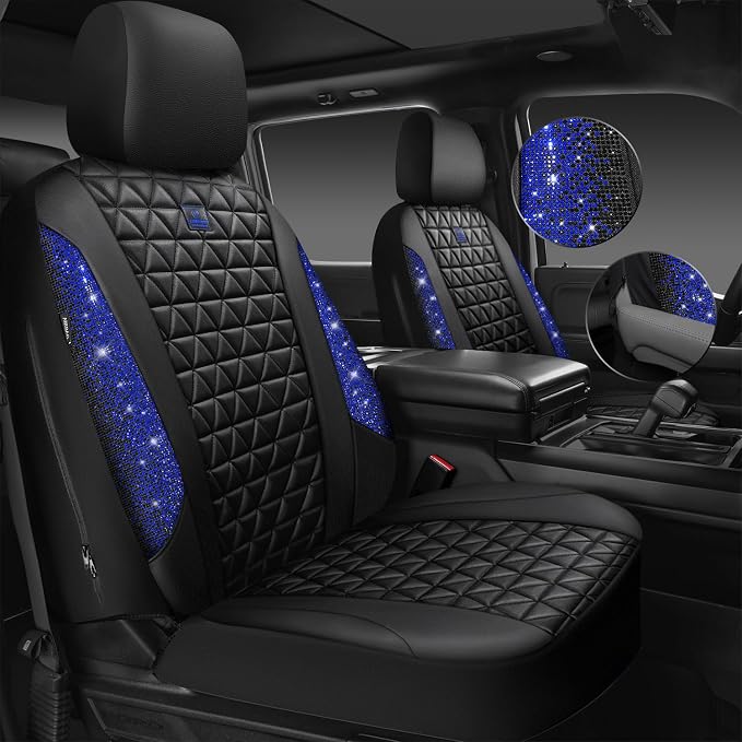 CAR PASS Bling Diamond Black Leather Car Seat Covers for 2 Front Interior Sets, Waterproof Shining Glitter Sparkly Crystal Universal Armrest Fit Automotive Truck SUV Cute Women Girl, Blue Rhinestone - Image 7