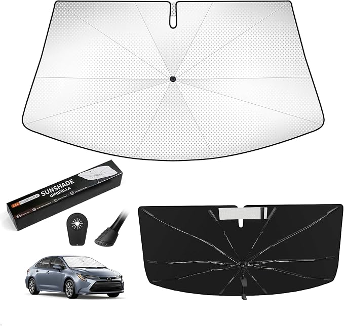 Windshield Sun Shade Umbrella for Toyota Corolla 2020-2026, 360° Bendable Handle Foldable Car Front Window Sunshade with Rearview Mirror Cutout, UPF 50+ UV Block Heat Insulation, 10-Rib by VEENJOY