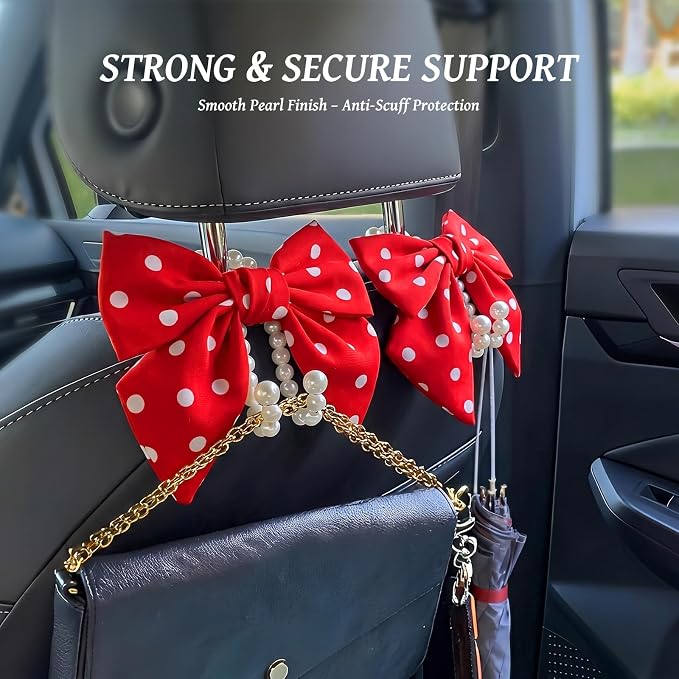 2 PCS Bow Pearl Car Seat Headrest Hook – Cute Purse Hook for Car, Girly Interior Decoration Accessories Hook Hanger, Seatback Holder for Purses & Bags, Elegant Car Organizer (Red Polka Dot) - Image 3