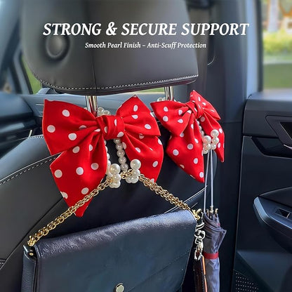 2 PCS Bow Pearl Car Seat Headrest Hook – Cute Purse Hook for Car, Girly Interior Decoration Accessories Hook Hanger, Seatback Holder for Purses & Bags, Elegant Car Organizer (Red Polka Dot) - Image 3