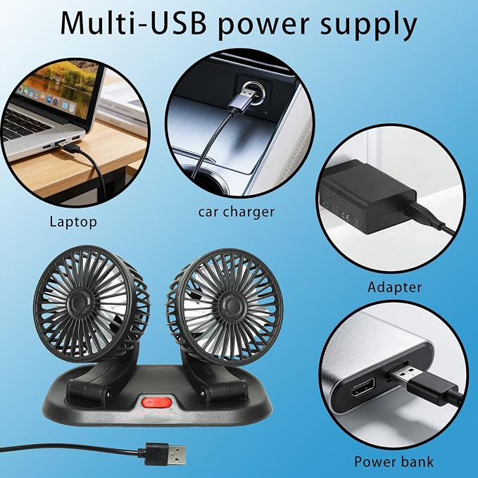 Adjustable Dual Head Car Cooling Fan-Brushless Motor-2 Speeds, 360 Rotation, for Car Dashboard, Powerful Cooling Solution for SUV/RV/Truck/Sedan/Cruise/Office, USB Powered (2-head 5V) - Image 3