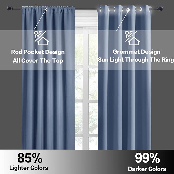 RYB HOME Blackout Curtains for Bedroom Living Room Nursery 63 inches Long | Thermal Insulated, Privacy Protection, Rod Pocket, Drapes for Office Home Theater, W42 x L63, Stone Blue, 2 Panels - Image 7