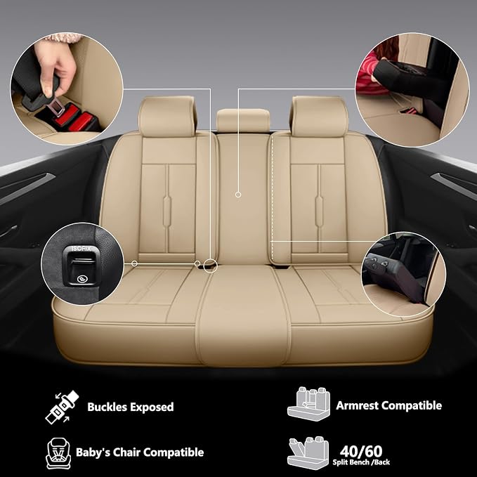 Universal Fit Premium Beige Leather 5-Seats Car Seat Covers | Waterproof full-set seat protector for Cars,SUVs,Trucks,airbag-safe,wipe-clean,10-min install,all-season car seat cushion. - Image 5