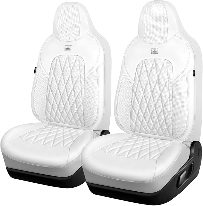 CAR PASS Nappa Leather High Back Front Seat Covers, Tesla Model 3 Model Y Breathable Faux Leather Front Bucket Seat Covers, Anti-Slip Airbag Compatible Universal Fit for Sedan SUV Van Truck, White - Image 7