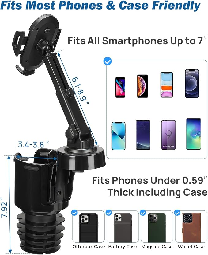 JOYTUTUS Cup Holder Phone Mount for Car, Car Cellphone Large Adapter Long Arm with 360 Degree Rotation, Compatible iPhone, Samsung & All Smartphones,Black,1 Pack - Image 7