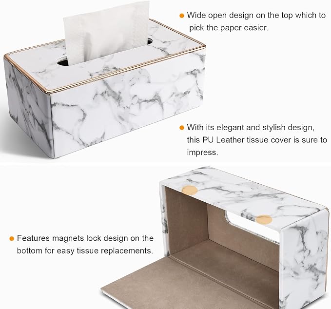 Tissue Box Cover Rectangular, PU Leather Tissue Box Holder for Kleenex, Napkin, Rectangle Tissue Box Covers, Tissue Holder for Bathroom Car Home Decorative 9.84"X5.23"X3.77" - Phnom Penh Marble - Image 5
