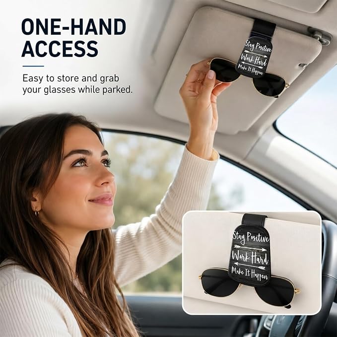 Leather Magnetic Sunglass Holder for Car Sun Visor, Cute Eyeglass Ticket Card Hanger Clip, Universal Auto Interior Accessories for SUV Pickup Truck, Motivation Quote - Image 2