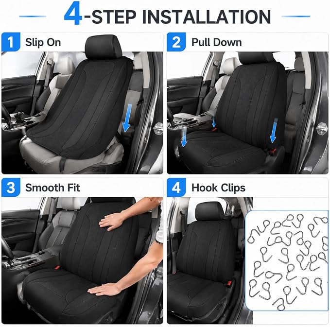 4 PCS Cooling Car Seat Covers, Breathable Auto Driver Seats Protective Cover with Hooks, Comfortable Anti-Slip Front Seats Cover Interior Accessories for Car Truck SUV (Black) - Image 3