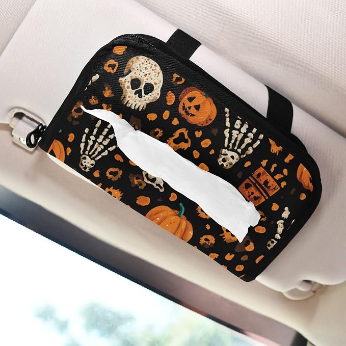 Car Tissue Holder Car Napkin Holder Car Tissue Box Dispenser Storage Case Sun Visor Mask Holder with Adjustable Straps Reusable Refillable Halloween Leopard Pumpkin Skull Brown - Image 7