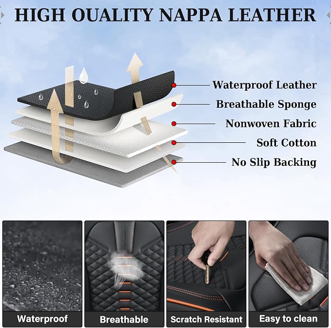 Coverado Leather Seat Covers, Car Seat Covers Full Set, Nappa Leather Seat Covers for Cars, Car Seat Protectors Waterproof, 5 Seats Black&Orange Automotive Seat Covers Fit for Most Cars Trucks - Image 7