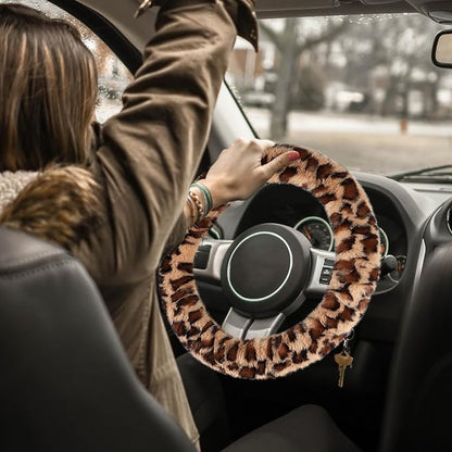 Accmor Fuzzy Car Steering Wheel Cover, Universal Fit Fur Auto Wheel Cover & Handbrake Cover & Gear Shift Cover Set, Leopard Warm Fluffy Vehicle Wheel Protector Car Accessories for Men Women (Brown) - Image 7