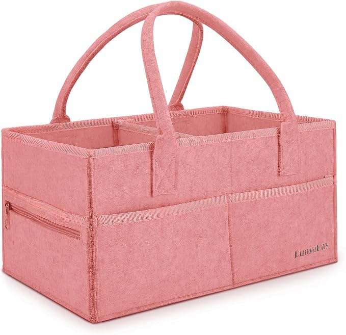 Runsabay. Diaper Caddy Organizer for Newborn Baby Essentials, Large Nursery Storage Bin, Car Organizer for Baby Diapers and Wipes, Baby Basket with Handles - Pink by Runsabay