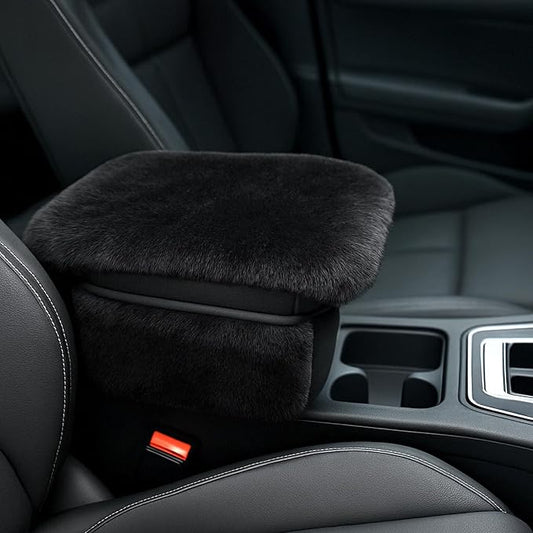 Fluffy Car Armrest Cover with Side Pockets – Plush Fuzzy Fur Center Console Armrest Cushion Pad, Universal Winter Car Interior Protector, Soft Arm Rest Cover with Storage for Women & Men (BLACK) by Unknown