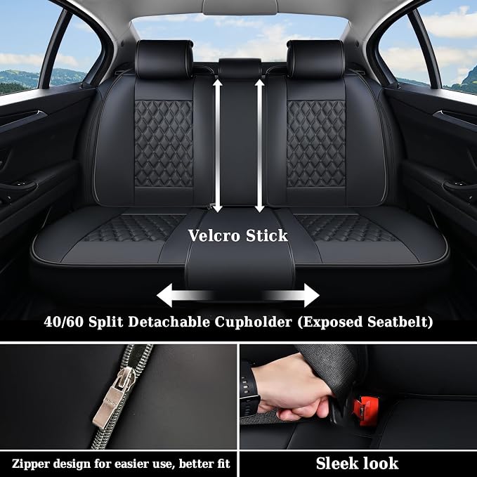 Coverado Full Set Car Seat Covers, Black Leather Seat Protectors, Luxury Front & Back Car Seat Covers,Waterproof Universal Fit, Automotive Seat Covers for Most Cars-Black - Image 5