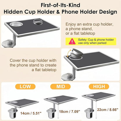 Car Desk for Laptop 360° Rotating Tesla Tray with Cup Holder Phone Stand | Adjustable Height Car Table Tray Car Accessories Compatible with Model 3/Y/S Ford Vehicles, Fits Round Cup Holder 2.28"-3.66" - Image 7