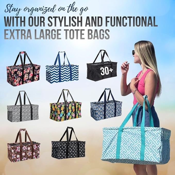 Extra Large Utility Tote Bag - Oversized Collapsible Reusable Wire Frame Rectangular Canvas Basket With Two Exterior Pockets For Beach, Pool, Laundry, Car Trunk, Storage - Geo Navy Blue - Image 9