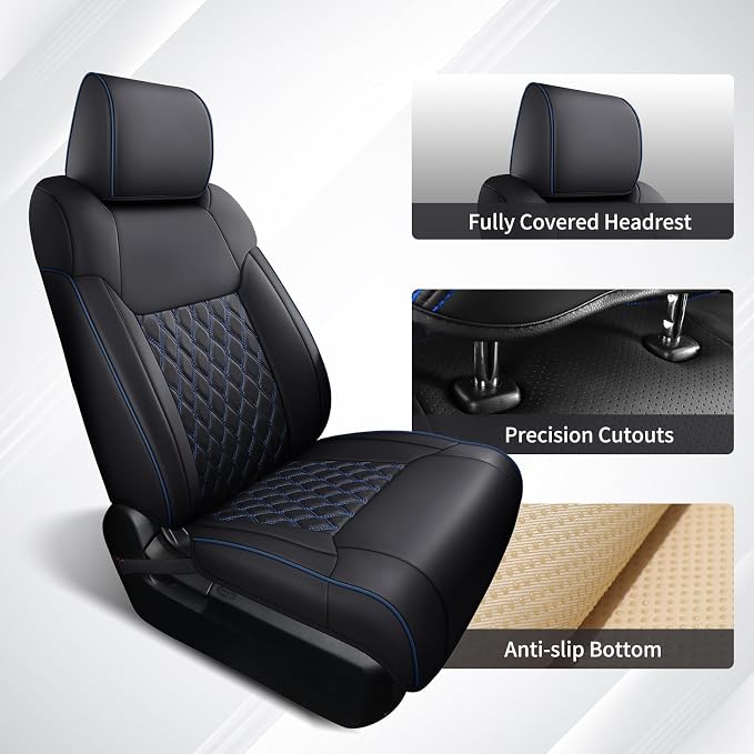 Huidasource Tacoma Front&Back Car Seat Covers, Automotive Seat Cushion Fit for 4th Gen Toyota Tacoma 2024-2026 Double&Crew Cab Trailhunter SR SR5 Limited TRD Sport/Off Road (Full Set/Black&Blue) - Image 5