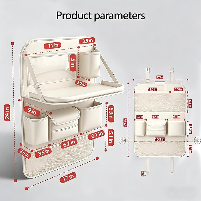 Universal Foldable Car Backseat Organizer with Table Tray, Car Seat Back Protector with Touch Screen Phone Holder, Premium Leather Kick Mats with Storage Pockets Tissue Holder (Beige) - Image 4