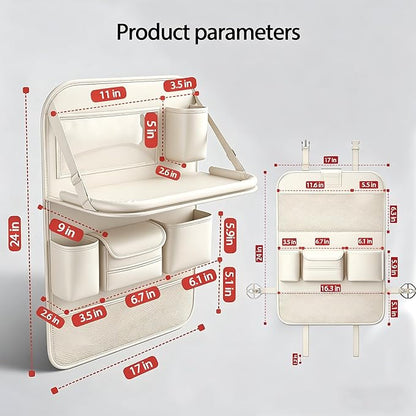 Universal Foldable Car Backseat Organizer with Table Tray, Car Seat Back Protector with Touch Screen Phone Holder, Premium Leather Kick Mats with Storage Pockets Tissue Holder (Beige) - Image 4