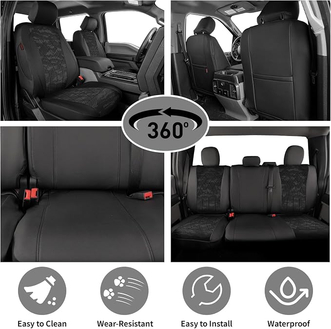 EKR F150 Seat Covers for (4 Door,SuperCrew) 2015-2020 Ford F150 XL/XLT & (CrewCab) 2017-2022 F250/F350/F450 SuperDuty XL/XLT Full Set-Faux Leather(Black/Gray Camo A63) - Image 7