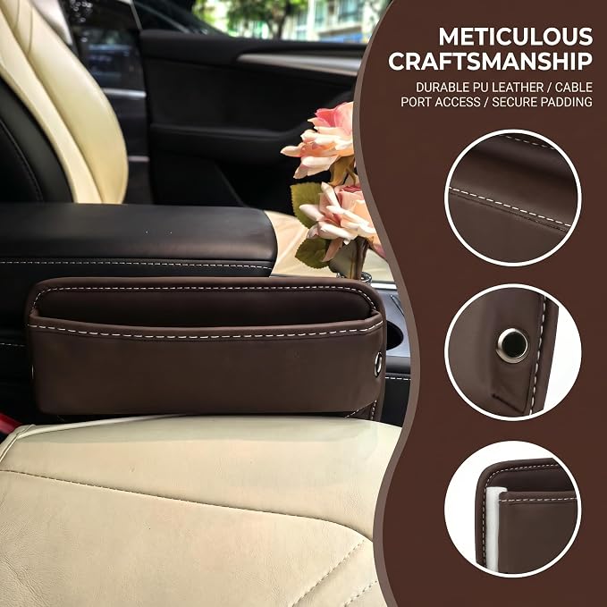 Car Seat Gap Organizer | PU Leather Seat-Side Storage Pocket with Cable Port | Fits Most Cars, SUVs and Trucks | Brown - Image 3