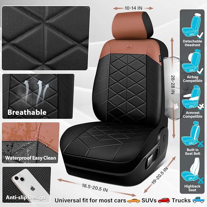 CAR PASS Memory Foam Leather Seat Covers Full Set, Breathable Perforated Nappa Leather Seat Covers Universal Fit for Cars,SUV,Truck Seat Covers Thick 3D Foam Comfortable, Airbag Compatible Black Brown - Image 3