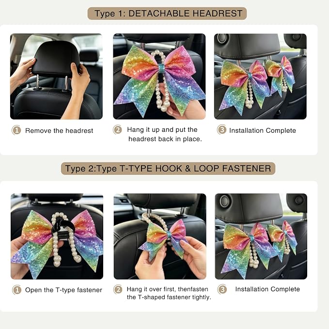 2 Pack Pearl Car Seat Headrest Hook with Bow & Sequin/Leopard/Polka Dot Design – Cute Purse Hanger for Vehicle,Grocery Bags, Umbrellas, Seat Back Organizer for Women (Rainbow Sequins) - Image 5