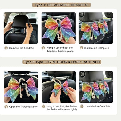 2 Pack Pearl Car Seat Headrest Hook with Bow & Sequin/Leopard/Polka Dot Design – Cute Purse Hanger for Vehicle,Grocery Bags, Umbrellas, Seat Back Organizer for Women (Rainbow Sequins) - Image 5