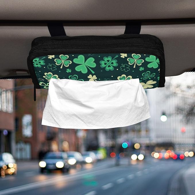 Car Tissue Holder Car Napkin Holder Car Tissue Box Dispenser Storage Case Sun Visor Mask Holder with Adjustable Straps Reusable Refillable Green Clover Leaves - Image 6