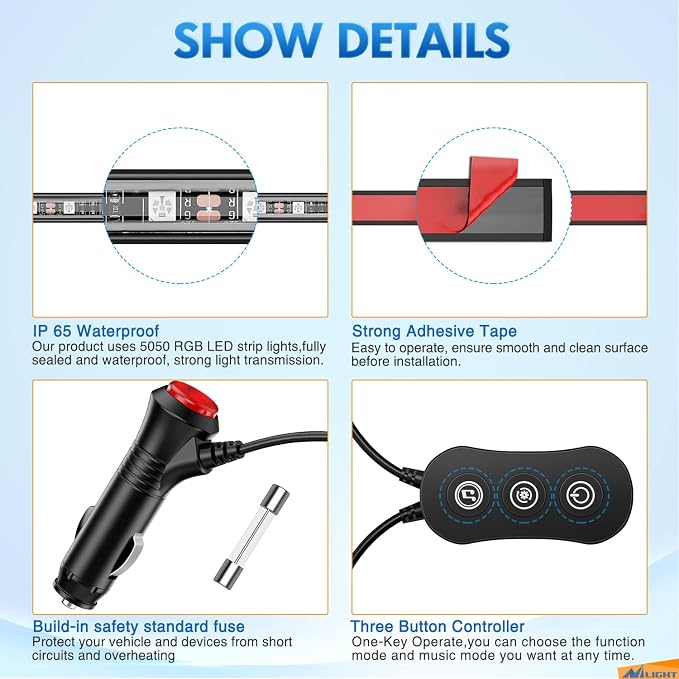 Nilight RGB LED Car Interior Stripe Light with APP Control Multicolor Music Sync Mode Waterproof Car Under-Glow Lighting Lamp Kits Universal Cars Truck ATV UTV - Image 3
