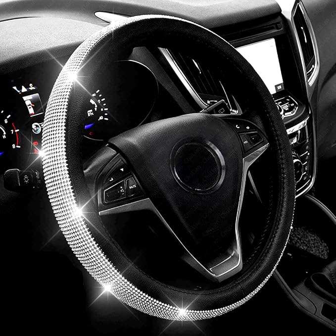 New Diamond Leather Steering Wheel Cover with Bling Crystal Rhinestones | Large-Size of 15 1/2 inches-16 inches Black by ChuLian