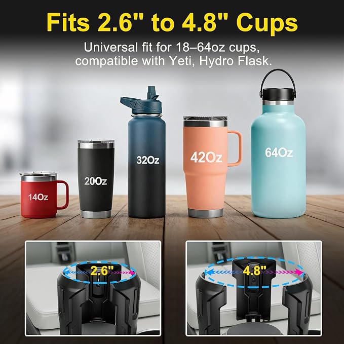 Cup Holder Expander (Adjustable Holder & Base, Auto-Fit Hold, One Button Open), Car Cup Holder Expander for Yeti, Hydro Flask, Nalgene, Owala, Bottles in 2.6"- 4.8" (Black, 2 Pack) - Image 7