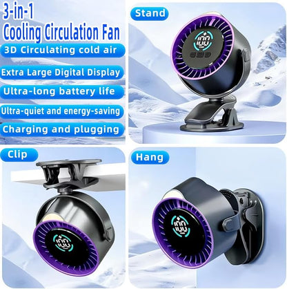 Car Fan,3‑in‑1 Portable Fan Clip‑on/Hang/Stand 3D Circulating Air Car Cooler with LED Display,USB Rechargeable Quiet Vehicle Fan for SUV Truck RV,Ideal Summer Gift for Drivers - Image 5