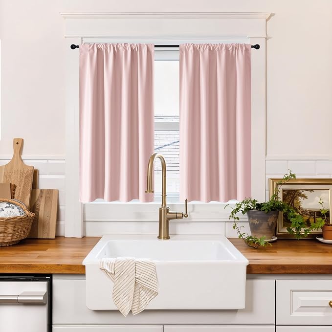 RYB HOME 100% Blackout Short Curtains for Small Window, Thermal Insulated | Total Room Darkening, Noise Reducing, Curtains for Basement Bathroom RV Cars, W29 x L45, Baby Pink, 2 Panels by RYBHOME