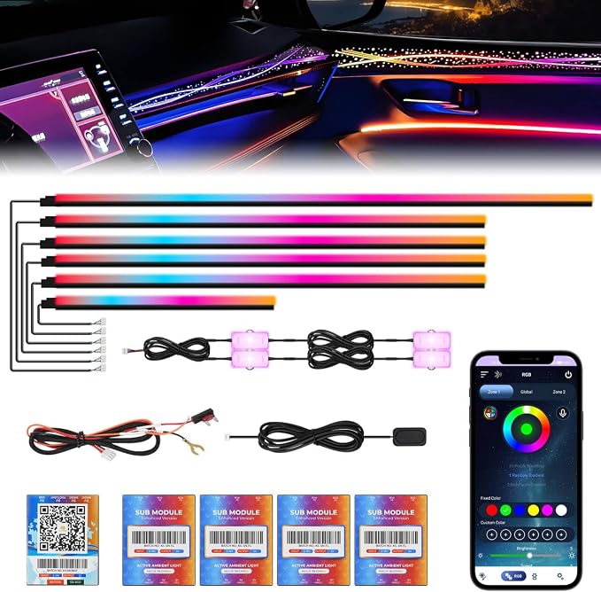 Dreamcolor Acrylic Car Interior Lights 10 in 1 RGB LED Strip Lights APP Control Zoned Control System 252 Color Modes DIY Fiber Optic Ambient Lighting Kits Music Car Neon Light Kits New Version by WEBUPAR