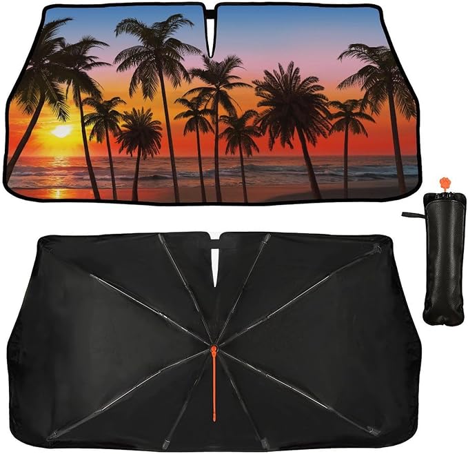 Palm Trees Sunset Car Windshield Sun Shade Umbrella Bendable Handle Foldable Tropical Beach Sunset Sunshade for Car Front Windshield Block UV Rays Keep Vehicle Cool 57"x30" - Image 2