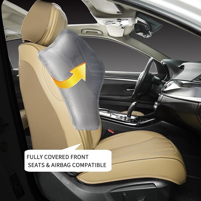 Beige Leather Seat Covers, 5 Seats Universal Car Seat Covers Full Set, Waterproof Automotive Seat Covers Breathable Front and Rear Seat Covers for Most Sedans SUVs Trucks - Image 3