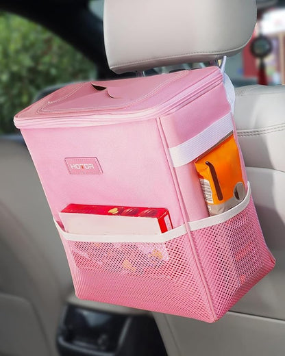 HOTOR Car Trash Can, Compact Waterproof Organizer, Leak-Proof Bin, 2-Gallon | Pink, Multifunctional Car Accessory with Adjustable Straps & Magnetic Snaps for Interior Car Storage by HOTOR