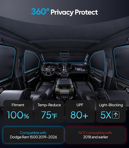 Wigoo 2026 6PC Full Set Window Sunshade for Dodge Ram 1500 2019-2026 | 7-Layer Cooler & Blacker, Ice-Crystal Tech, Full Set Shades With Windshield for Sun Block, Camping Accessories - Image 2