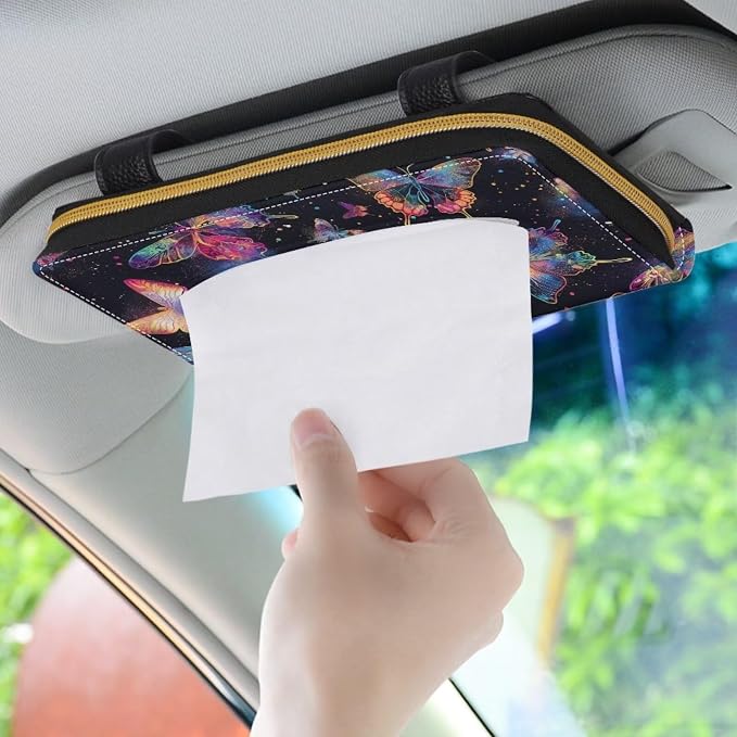 Biyejit Car Tissue Holder, Colorful Butterfly PU Leather Sun Visor Napkin Box Holder, Hanging Tissue Mask Holder with Glasses Clip for Car Visor, Auto, Vehicle Accessories - Image 3