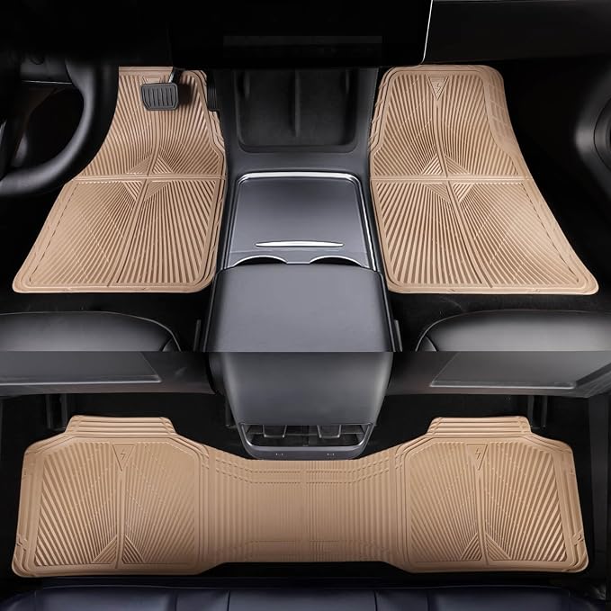 CAR PASS Beige Rubber Floor Mats&Cargo Liner,Waterproof Truck Mats Heavy Duty,All Weather Trim-to-Fit Automotive Mat for Car Truck SUV,Anti-Slip Easy Clean Durable,Full Set 5-Piece,3D Emboss All Beige - Image 2
